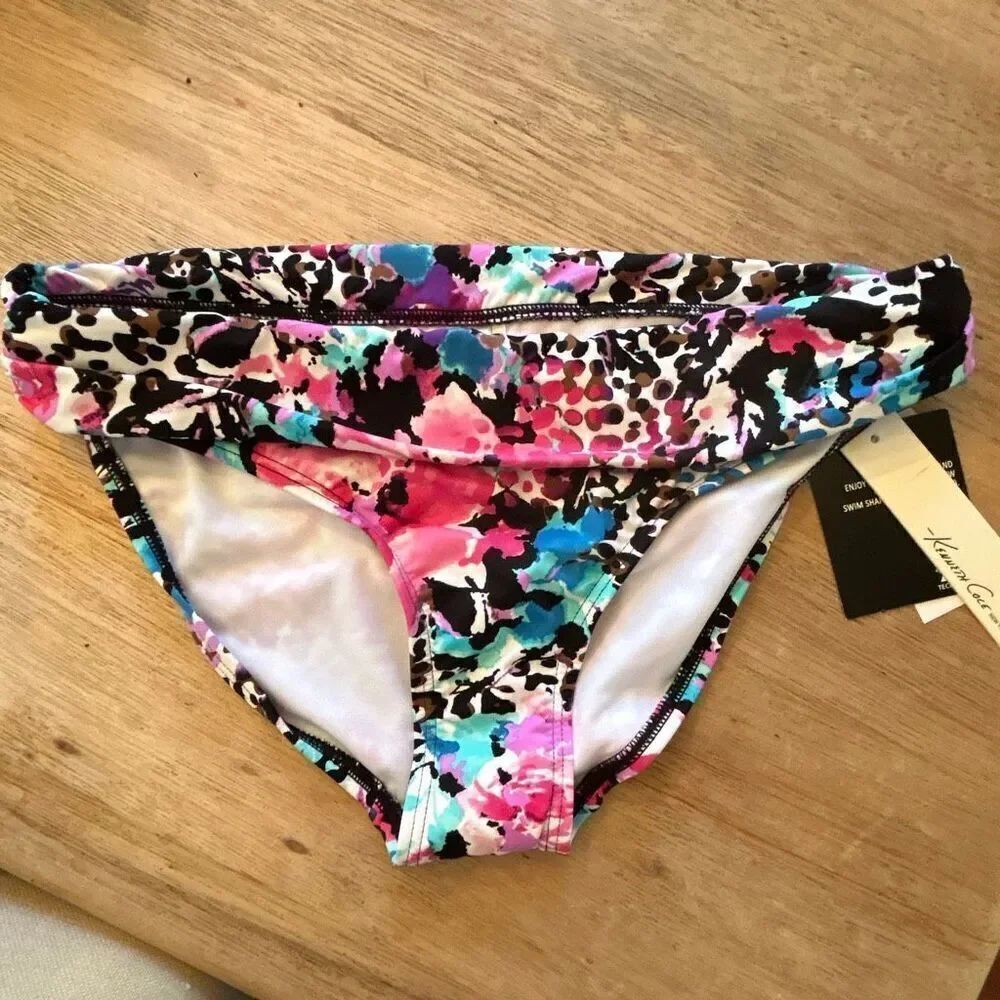 NWT Kenneth Cole watercolor floral pink blue tummy toner swimsuit bottom size sm